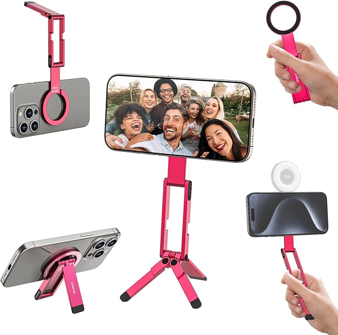 ULANZI MA60 Magnetic Phone Tripod Stand for iPhone - Aluminium Smartphone Mini Tripod Pocket Cell Phone Stand Strong Magnet Quick Mount Compatible with iPhone 16 15 14 13 14 Series, Red