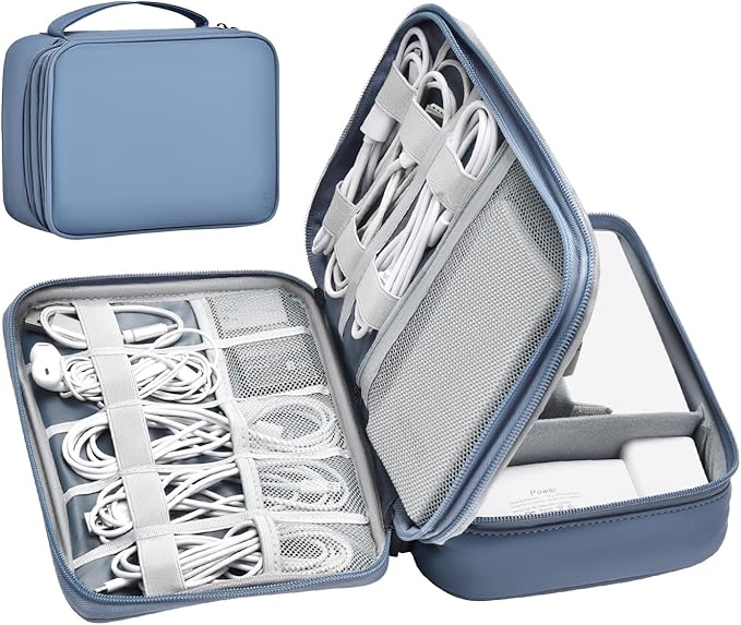 Double Layer Leather Cable Organizer Bag Large Capacity Waterproof Tech Organizer Case for Travel Electronics Accessories Storage Case with Adjustable Divider(Gray&Blue, Double Layer-Small)