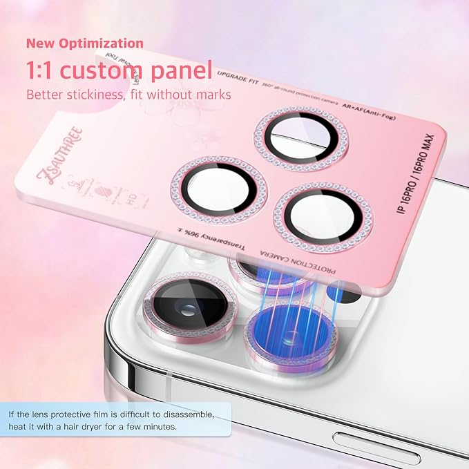 Camera Lens Protector Bling Compatible for iPhone 15 Pro/15 Pro Max,9H Tempered Glass,1Step Installation Tray,HD Clear/Military Grade Shatterproof/Scratch Resistant(Diamond Pink)