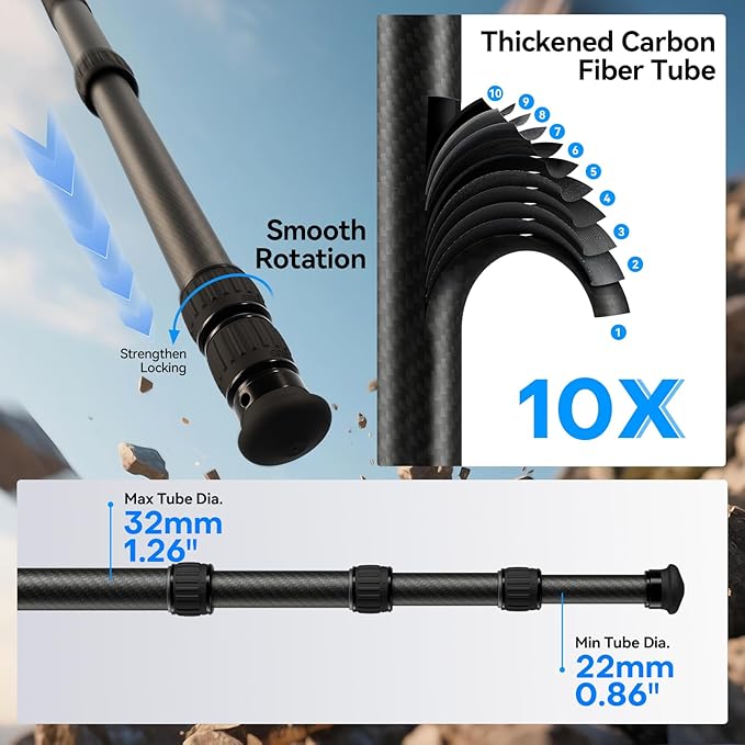 SIRUI Heavy-Duty Carbon Fiber Tripod, 59.8” Pro Tripod with Low Center of Gravity Ball Head, 44lbs Load, 6 Mounting Ports, Corrosion Resistance–for DSLR, Mirrorless, Telephoto, Wildlife（AM-324S+G1）