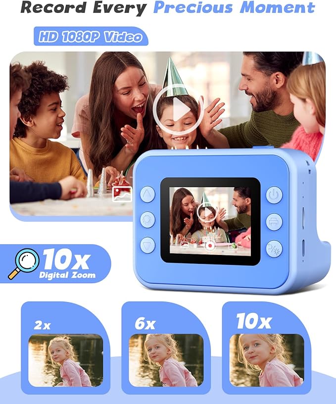 Instant Print Camera for Kids, 1080P Digital Video Cameras, Christmas Birthday Gifts Toys for Age 3-12, Toddler Camera for 4 5 6 7 8 9 10 Year Old Boys - Blue