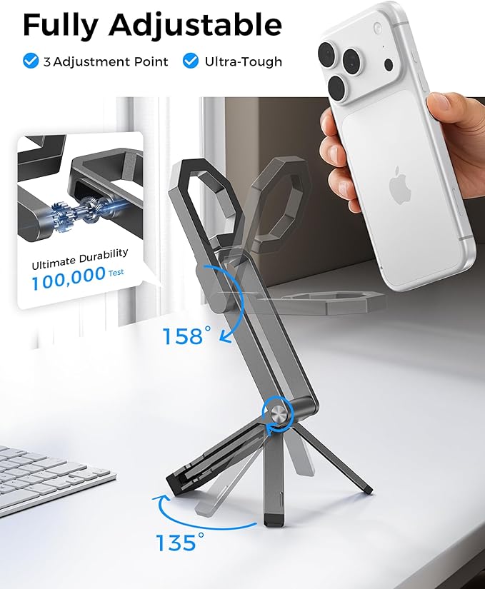LULULOOK Rugged Magnetic Phone Tripod Stand for iPhone/Pixel 10 - Portable Strong Magnetic Phone Holder for Magsafe - Tripod Mount for iPhone 13/14/15/16/17 Pro Max & Air (Dark Grey)