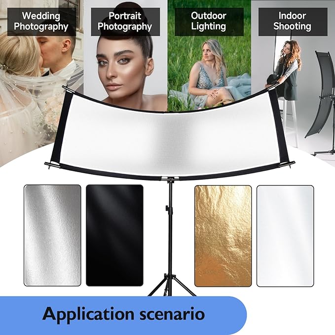 Clamshell Light Reflector/Diffuser with Carrying Case,70"X24" (4 Color in 1) Arclight Curved Eyelighter Lighting Diffuser for Photography Portrait Studio Video Shooting,Black/White/Gold/Silver
