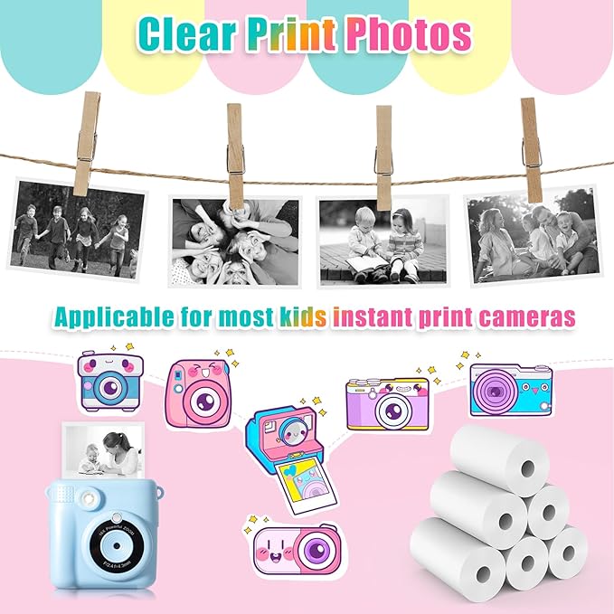 6 Rolls Instant Print Camera for Kids Refill Print Paper - Hikkon Thermal Print Paper Rolls Photo Print HD Printing for Most Kids Instant Camera - Paper Only