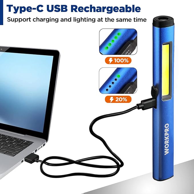 WORKPRO Rechargeable Flashlight, LED Pen Light with 365 nm UV Black Light, 450 Lumen Pocket Penlight, Magnetic Clip, for Hurricane Deluge Flood Emergency