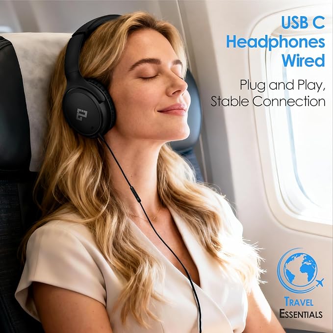 USB C Headphones Wired Headphones Over Ear with HD Mic, Corded Headphones/Lightweight/Foldable/Adjustable for iPad/Sports/School/Travel/iPhone 17/16/15, Samsung S25/S24, Google Pixel 9, Ideal Gifts
