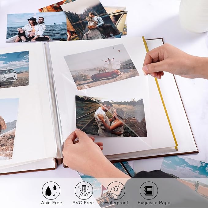 Self-Stick Page Adventure Book Scrapbook Photo Album,40 Pages Leather Cover DIY Photo Book for Family,Anniversary Wedding,Travel Memories Holds 3X5, 4X6, 6X8, 8X10 Photos (Brown)