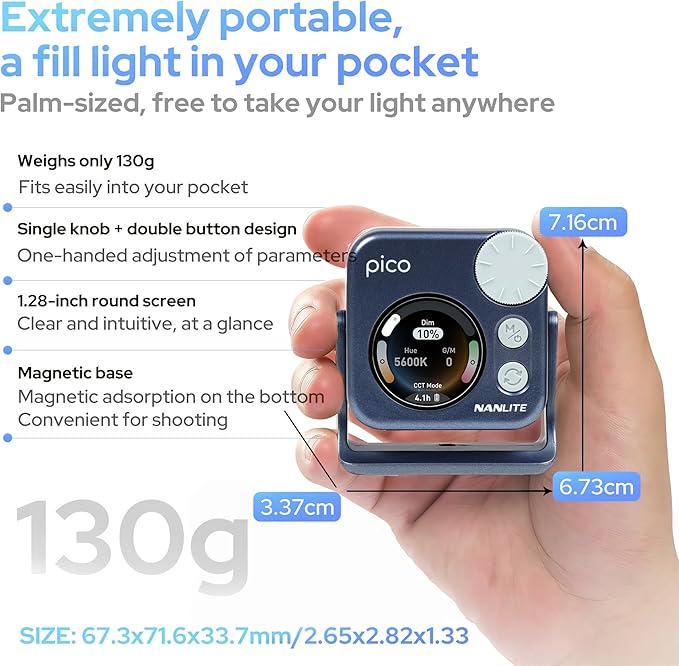 Nanlite Pico Portable LED Fill Light – Full Color RGB, Snap-On Attachment for Phone/Camera Photography, Live Streaming, Video Content Creation (Midnight Blue)