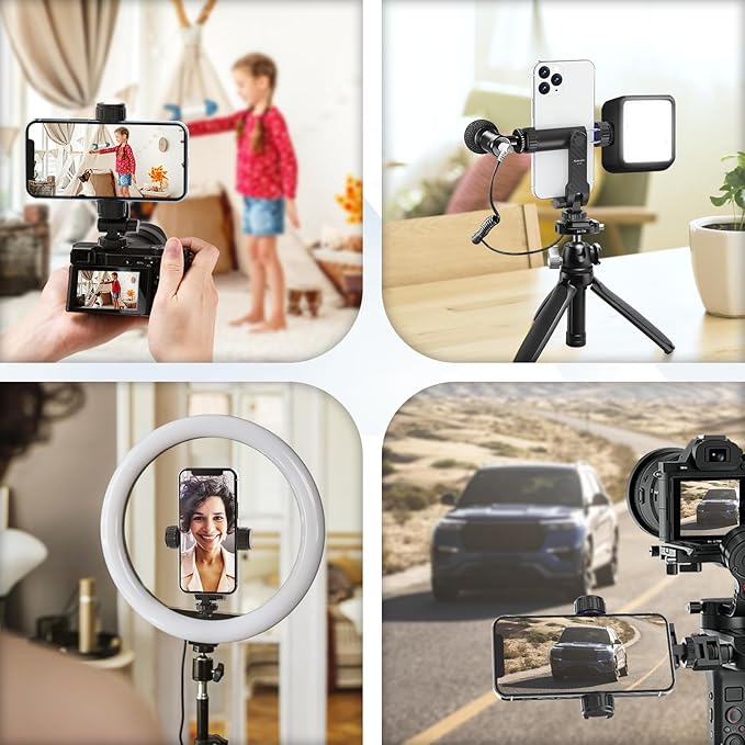 Cell Phone Tripod Mount, Universal Tripod Phone Mount with 2 Cold Shoes, 360° Rotates 180° Tilts Camera Hot Shoe Phone Mount Smartphone Tripod Holder Adapter for iPhone Samsung All Phone