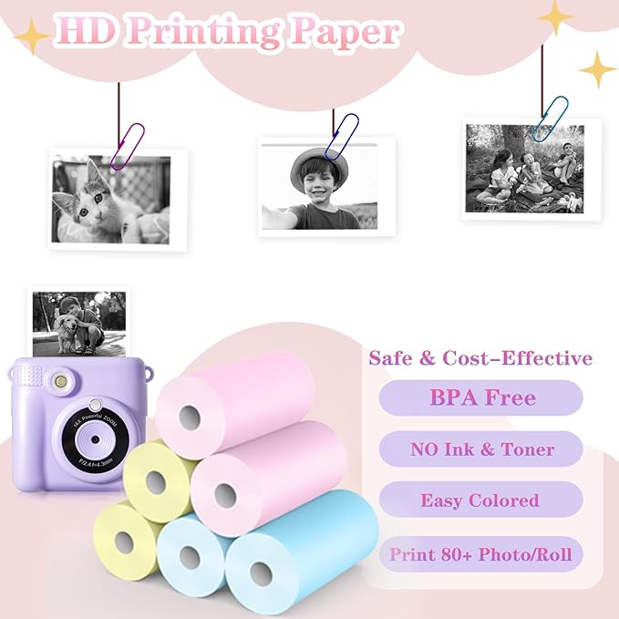 6 Rolls Kids Camera Instant Print Refill Paper Set, Phetium HD Printing Thermal Paper for Most Kids Instant Camera Photo Print (2*Pink, 2*Blue, 2*Yellow)