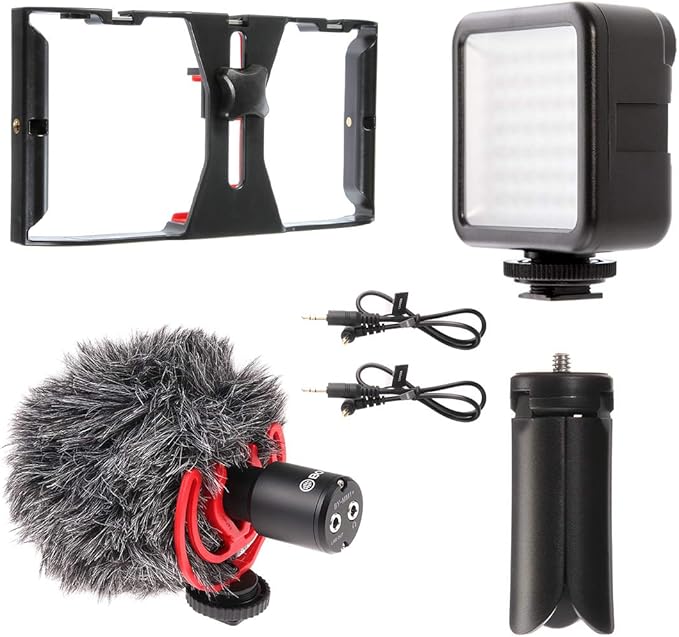 FocusFoto PRO U-Rig Smartphone Video Camera Cage Mount Holder Stabilizer Grip with Upgraded by-MM1+ Microphone Mic+ 49 LED Light+ Mini Tripod Kit for Mobile Phone iPhone Filmmaking Videomaker