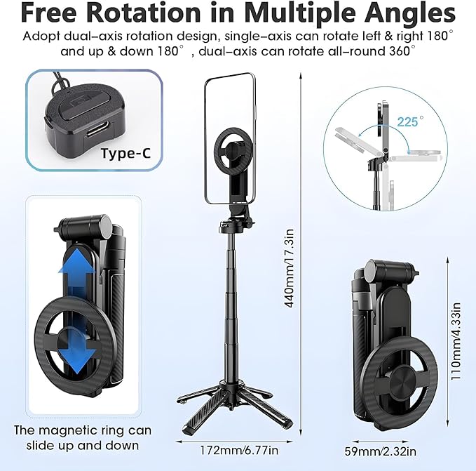 4-in-1 Multifunctional 360° Rotation Magnetic Selfie Stick with Detachable Wireless Remote for iPhone & Android, Portable Extendable Phone Tripod Stand for Travel Vlog Live Streaming