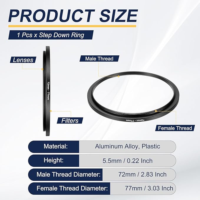 PATIKIL Step-Up Ring Adapter 72mm to 77mm, Filter Step-up Rings Camera Lens Filters Metal Ring Digital for ND IR DSLR Lenses, Black