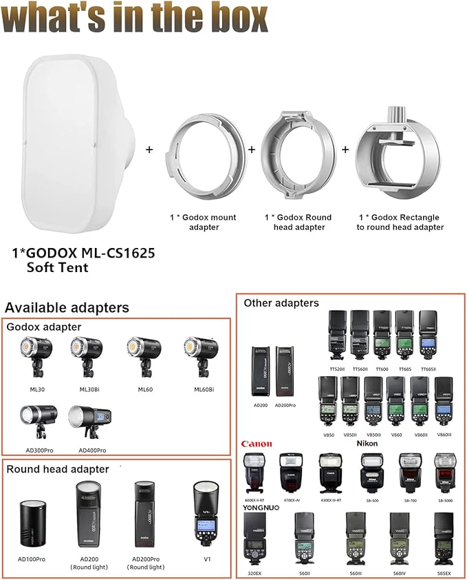 Godox ML-CS1625 Soft Tent Kit Flash Diffuser with 3 Adapters Compatible for godox V1 AD100PRO AD200PRO V860III V860II V850II TT685II TT685 TT600 TT560II TT520II TT660S AD300PRO