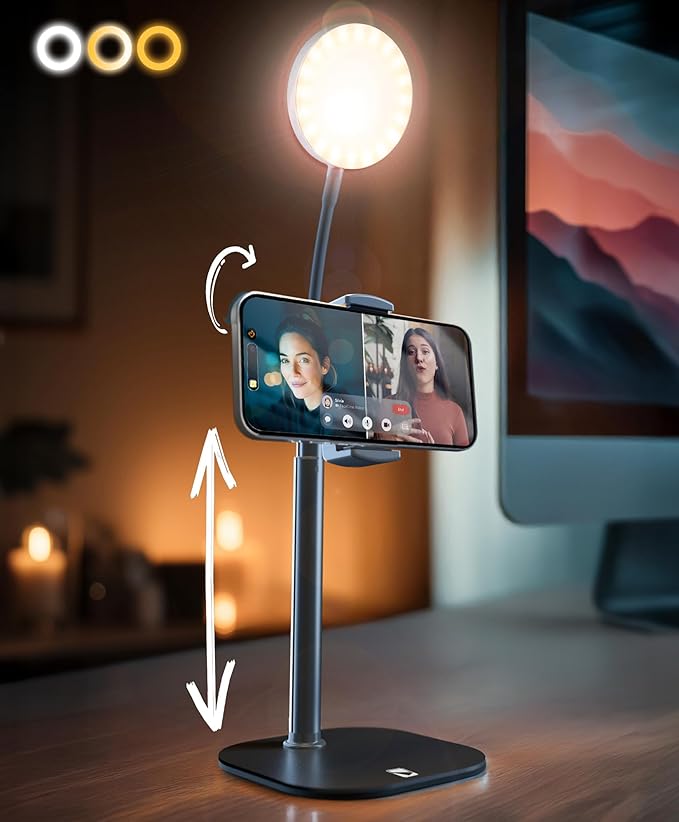 Phone Stand for Recording with Light for Desk - ChatStand Halo 9-13" Adjustable, Portable Ring Light Tripod, iPhone Stand for Desk & Phone Holder for Video Recording, Filming, Zoom Calls (Night Black)
