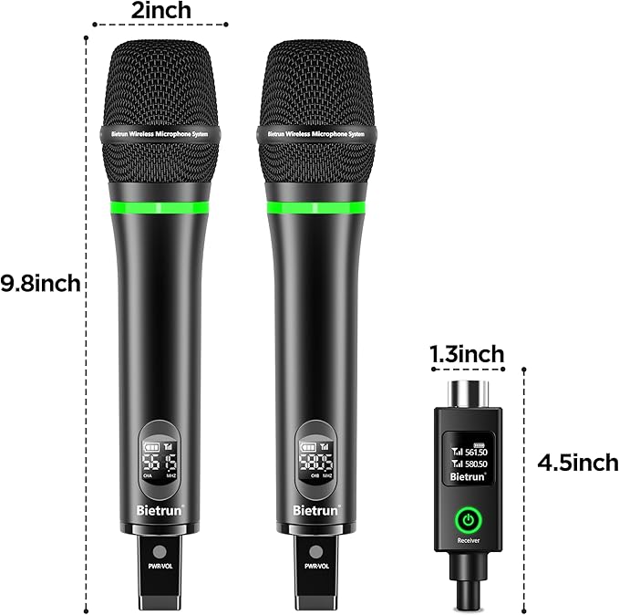 Bietrun XLR Wireless Microphone, Rechargeable Dual Metal Cordless Handheld Dynamic Mics for Mixer, Audio Interface, PA Amplifier System, Church, Singing, Karaoke(UHF 240FT Range)(with 6.35 Adapter)