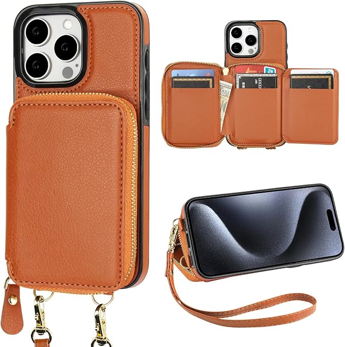 Bocasal RFID Blocking Wallet Case for iPhone 15 Pro Max, Adjustable Crossbody Zipper Purse Case Card Holder with Kickstand Detachable Wrist Strap, PU Leather Flip Folio Case 6.7 Inch 5G (Brown)