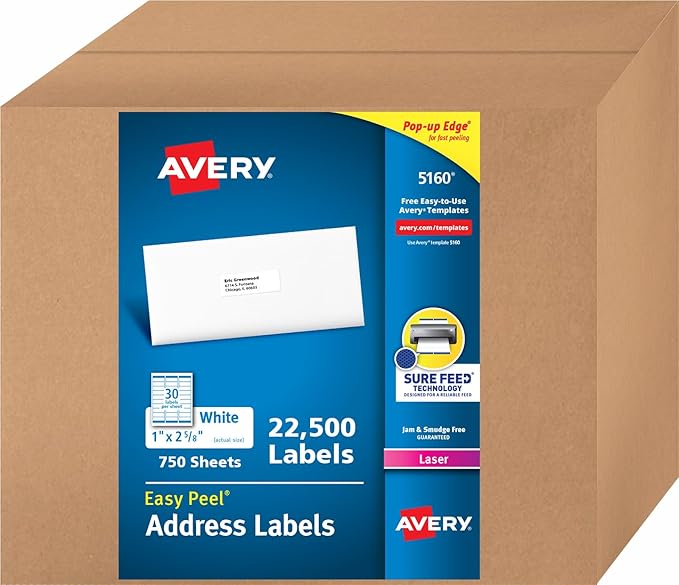Avery Easy Peel Return Address Labels, 1" X 2-5/8" - 22,500 Blank White Mailing Labels for Shipping, Printing and More (5160)