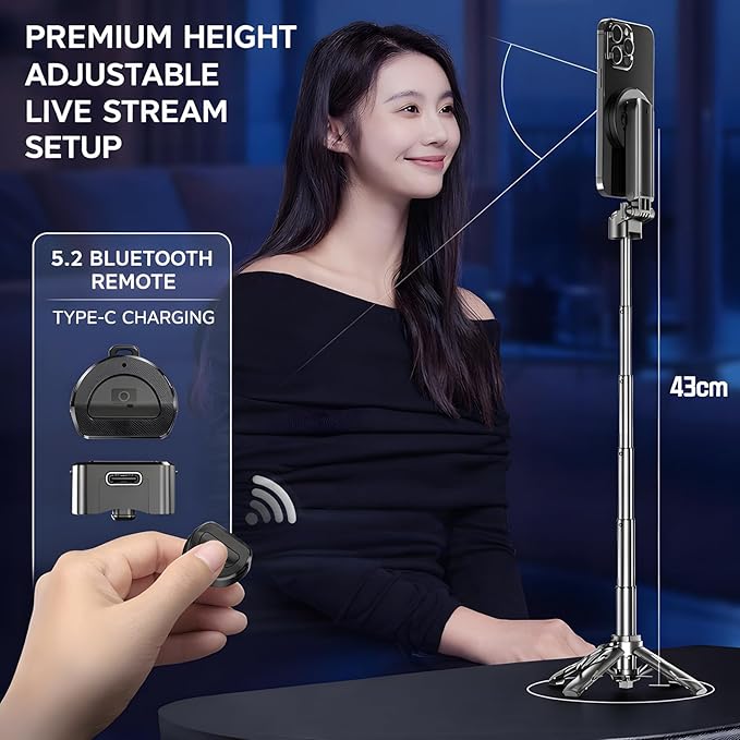 Magnetic Pocket Selfie Stick for iPhone, Multifunctional Portable Selfie Stick with Wireless Remote, 360° Rotation Extendable Phone Tripod Stand, Ideal for Travel & Vlogging (Upgraded)