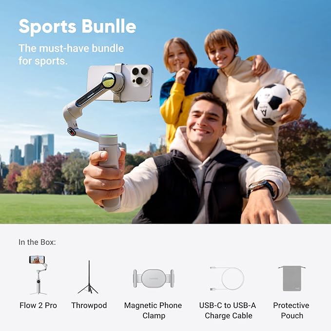 Insta360 Flow 2 Pro Sports Bundle Grey – Foldable AI Phone Gimbal, 3-Axis Stabilization, Tracks in 200+ Apps with Apple DockKit, Throwpod, Multi-Person & 360 Pan Tracking, Built-in Tripod