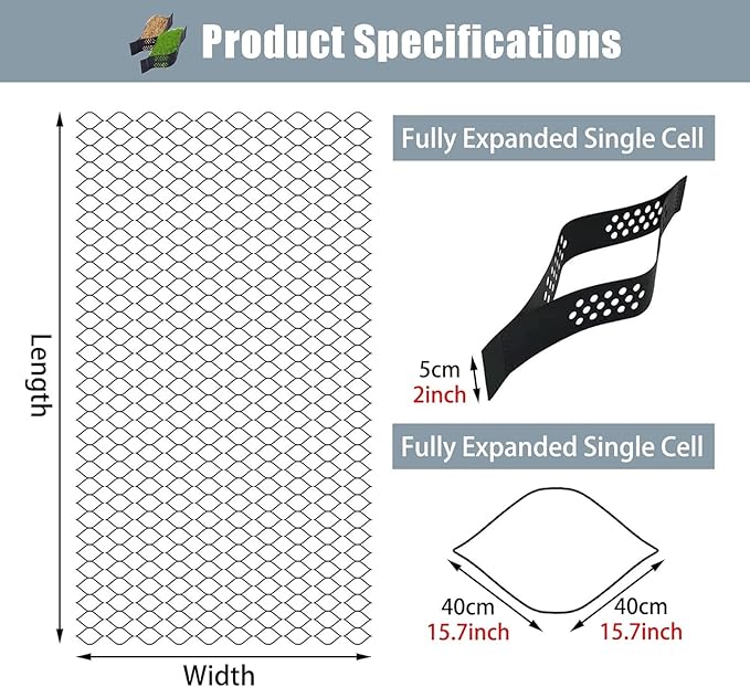 Heavy Duty Gravel Stabilizer Grid for Driveways & Retaining Walls, Foldable Honeycomb Geocell System, 10m x 6m (33ft x 19.5ft) Ground Grid for Slope & Yard