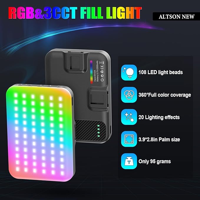 108 LED Video Light, 2500K-6500K RGB Selfie Light for iPhone-CRI 97+, 2200mAh Camera Light with 3CCT/RGB 360° Full Color/20 Lighting Effects, Portable Phone Light for Party, Photography, Streaming