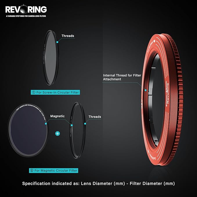 H&Y RevoRing Adjustable Step Up Ring 67-82mm to 82mm, Variable Lens Filter Adapter Ring, Universal Stepping System fits 67 72 77 82mm, Red