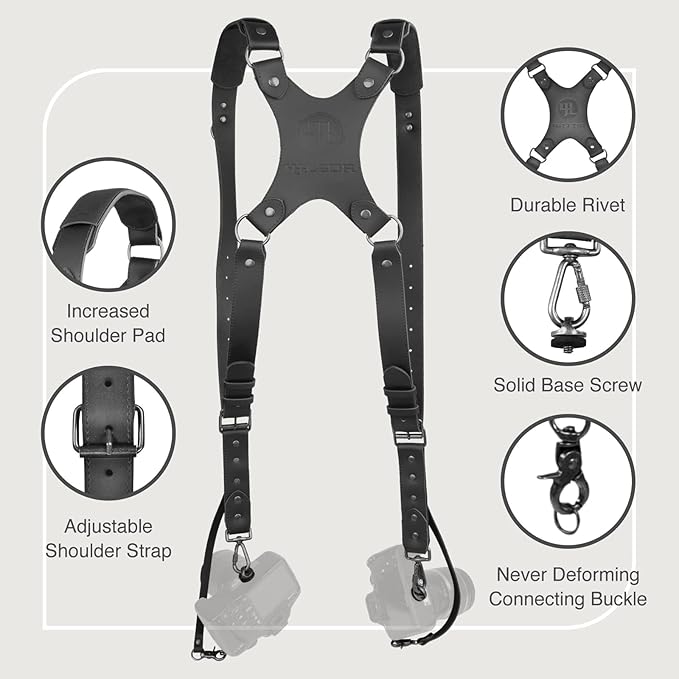 Leather Dual Camera Harness Strap for Photographers,Adjustable Shoulder Crossbody Padded Harness for DSLR SLR