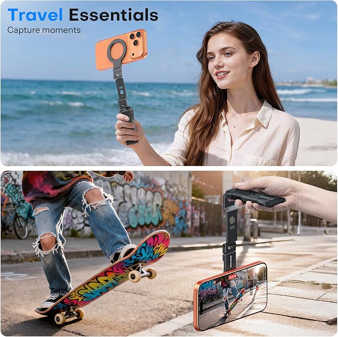 OMOTON TP03 [Ultra-Slim] for MagSafe Tripod, 360°Rotating Magnetic Phone Tripod for iPhone 17/16/15 Pro Max Air, Foldable Cell Phone Stand with 1/4" Screw & Hook Fits Vlog, Gym, Travel Essentials
