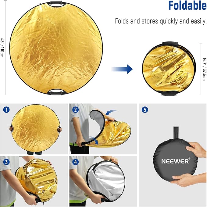 NEEWER 43"/110cm Light Reflector with Handle Grip with 3/8" Thread, 5 in 1 Collapsible Disc Light Diffuser Translucent/Silver/Gold/White/Black for Photography Lighting, Outdoor Lighting, RF-110II