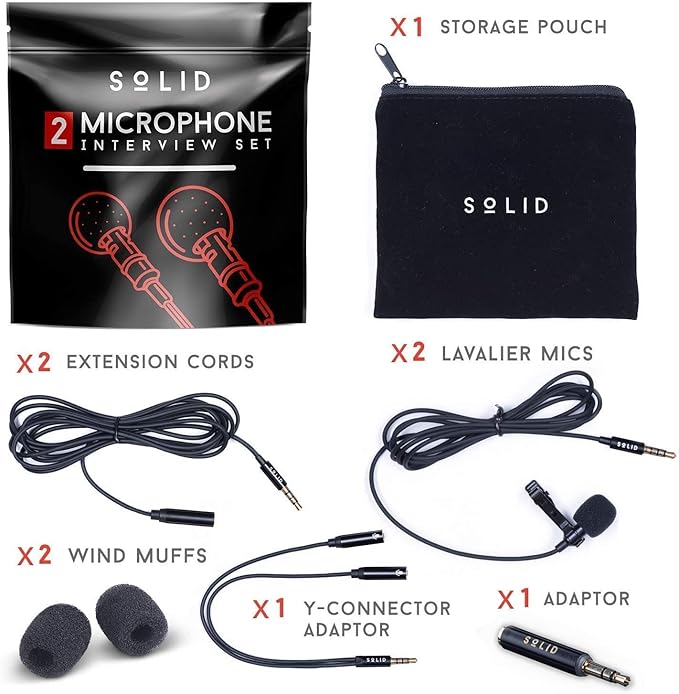 Solid Clip On Lavalier Lapel Microphone 2 Pack Set for iPhone and Android Vlogging, Interview, Selfie Videos