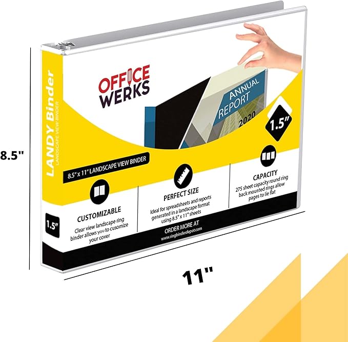8.5" X 11" Landscape View Binder, 3-Ring 1.5 Inch Capacity Round Ring, White Horizontal Formatted with Clear Cover Pockets for Documents, Spreadsheets, Projects and More