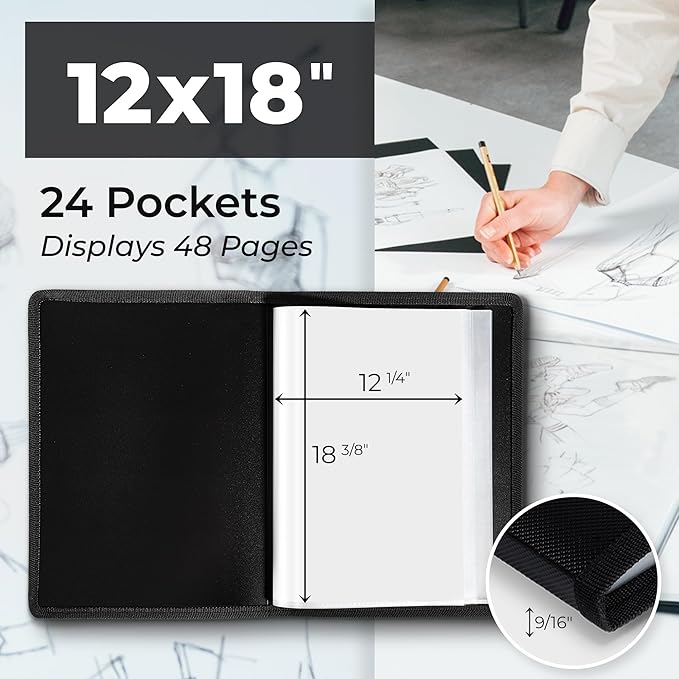 Dunwell 12x18 Art Portfolio Binder with Mounting Paper (Black), Large Portfolio Folder for Artwork Storage, 24 Clear Sleeves Display 48 Pages, 12 x 18 Presentation Book, Acid-Free Poly