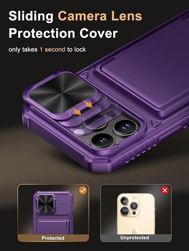 Vihibii for iPhone 14 Pro Max Wallet Case, Built-in Card Holder (4 Cards), [RFID Blocking] & Slide Camera Cover, Military Grade Drop Protection, Rugged Hard Wallet Case, 6.7" 2022, Dark Purple