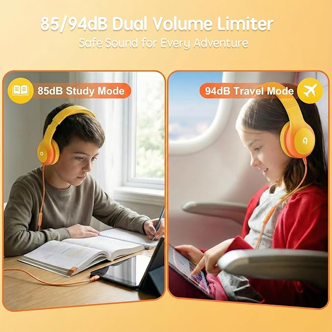 Wired Kids Headphones with USB C Plug, 85dB Safe Volume, Adjustable Headband, Tangle-Free Cord Headphones for School, Tablet, Travel (Yellow & Orange, with Microphone)