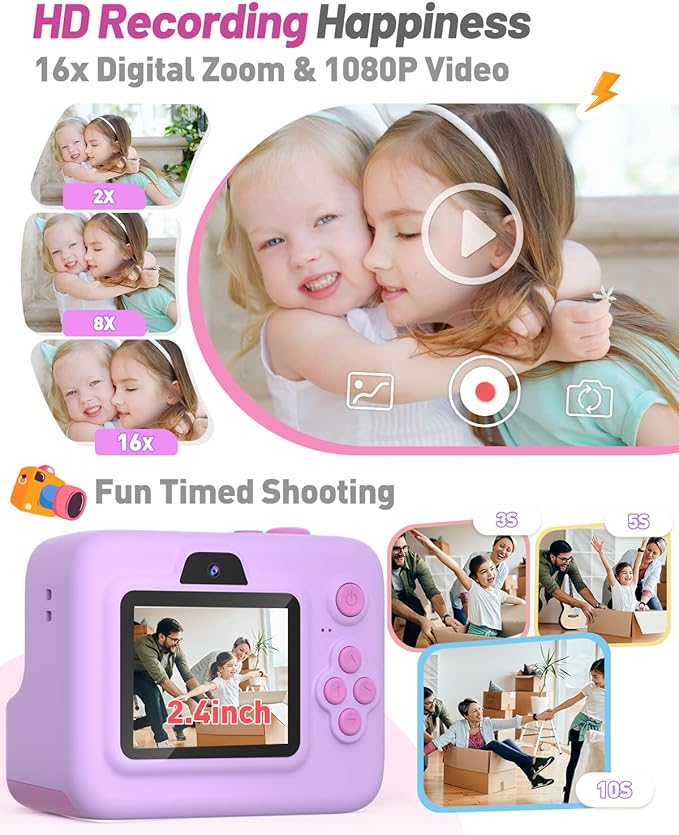 Kids Camera Instant Print, Dual-Lens Front Rear Selfie Camera for Kids, Christmas Birthday Gifts Toys for 3-12 Year Old Boys Girls, 2.4in Screen 1080P Kids Digital Cameras with 32G Card