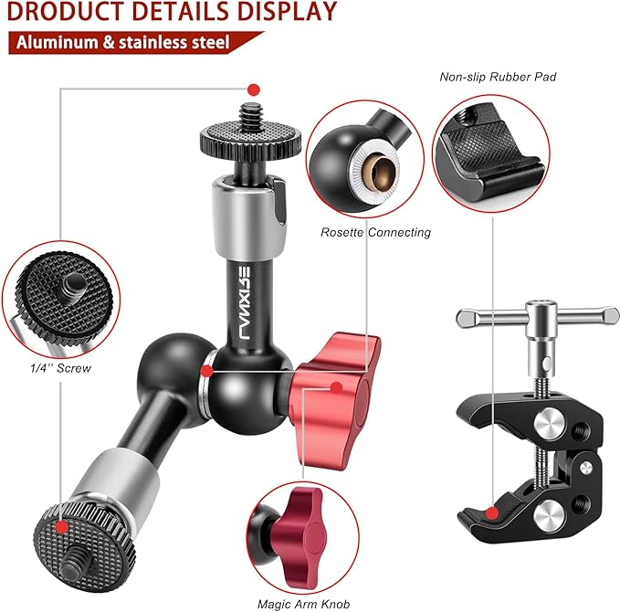 Super Camera Clamp with 5 x 1/4" and 1 x 3/8" Thread - 5.9" Rosette Magic Arm - 1/4"-20 Screw - for Smallrig Camera Cage, Monitors, LED Lights, Action Camera - Max Load up to 2kg/4.4lb