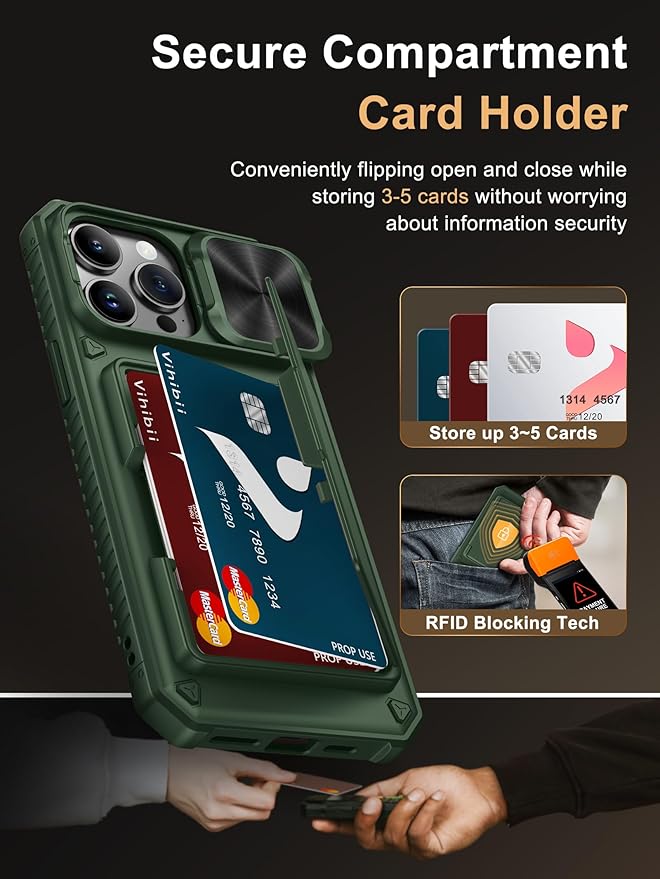 Vihibii for iPhone 14 Pro Max Wallet Case, Built-in Card Holder (4 Cards), [RFID Blocking] & Slide Camera Cover, Military Grade Drop Protection, TPU Soft Edge Wallet Phone Case, 6.7" 2022, Green