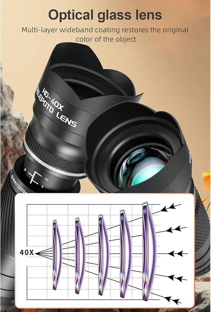 Andoer 40X Zoom Lens with Tripod Phone Telephoto Lens Phone Telescope Phone Camera Lens for Hiking Camping Wildlife Observation Moon Sports Game Concert Watching