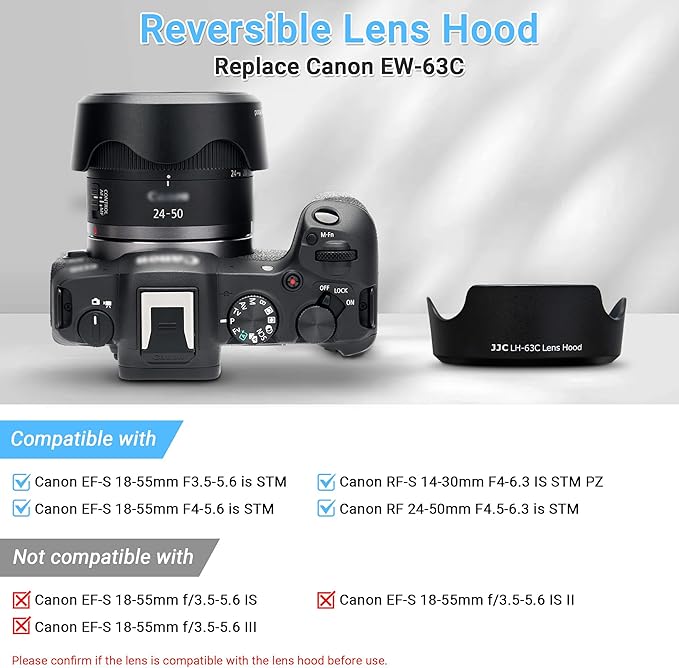 Reversible Lens Hood Shade Protector for Canon EF-S 18-55mm F3.5-5.6 F4-5.6 is STM & RF-S 14-30mm F4-6.3 IS on R50V & RF 24-50mm F4.5-6.3 is STM Lens on Camera Lens Protector Cover Replac Canon EW-63C