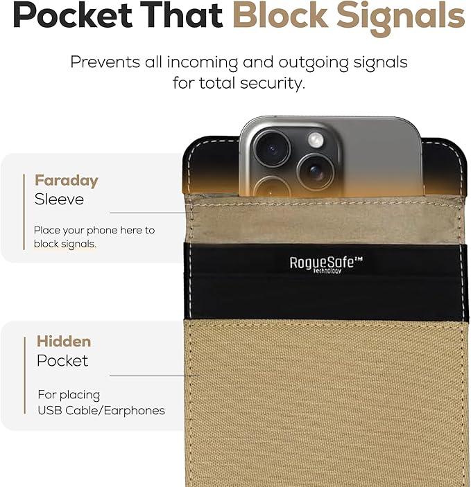 Rōnin RogueSafe™ Faraday Bag for Phone – Faraday Pouch for Phone, Blocks Cellular, Wi-Fi, GPS, Bluetooth & RFID Signals, EMP Shielded Privacy Cage with Magnetic Closure, Stylish & Durable, Sand