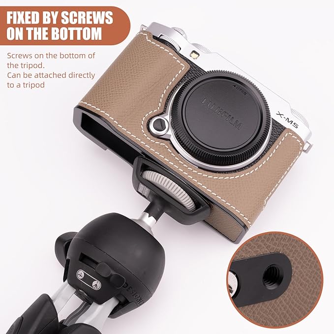 Uchandmade Handmade Genuine Leather Camera Half Case for Fujifilm X-M5/Fujifilm X-M5 Camera Case/Fujifilm X-M5 Case - Top Layer Cowhide Body + Metal Base Plate (Etoupe Gray)