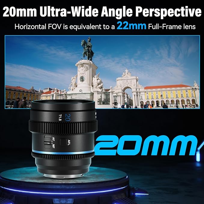 SIRUI 20mm T1.8 1.33X Anamorphic Lens, S35 Autofocus Lens for E Mount Cameras, A6500, A6700, FX3/30, ZV-E Series, A7 Series, A9/9II (Blue Flare)
