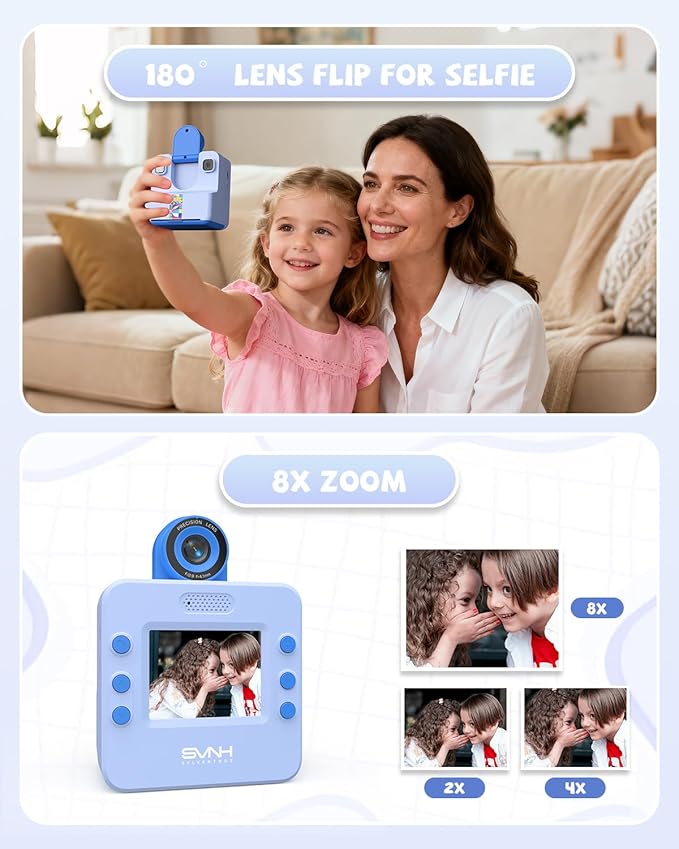 Kids Camera Instant Print, Digital Camera for Kids, 180° Rotating Selfie Lens with 32GB SD Card & 2 Rolls Printing Paper Kids Toy Birthday Gifts for Boys Girls Ages 3-12, Blue