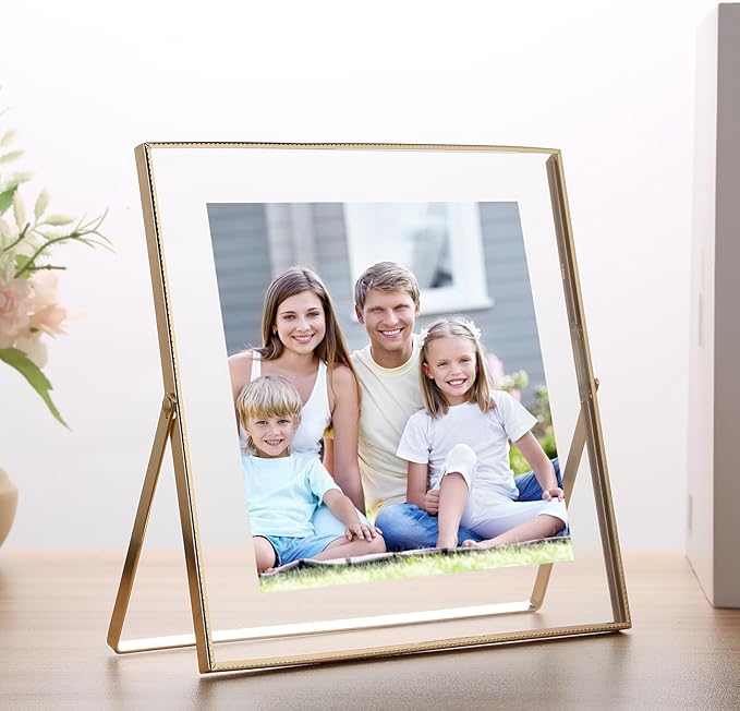 2-Pack Gold 8x8 Floating Photo Frames | Fits 6x6 Photos | Metal Beaded Design | Tabletop/Shelf Display | Elegant Wedding & Thanksgiving Gift