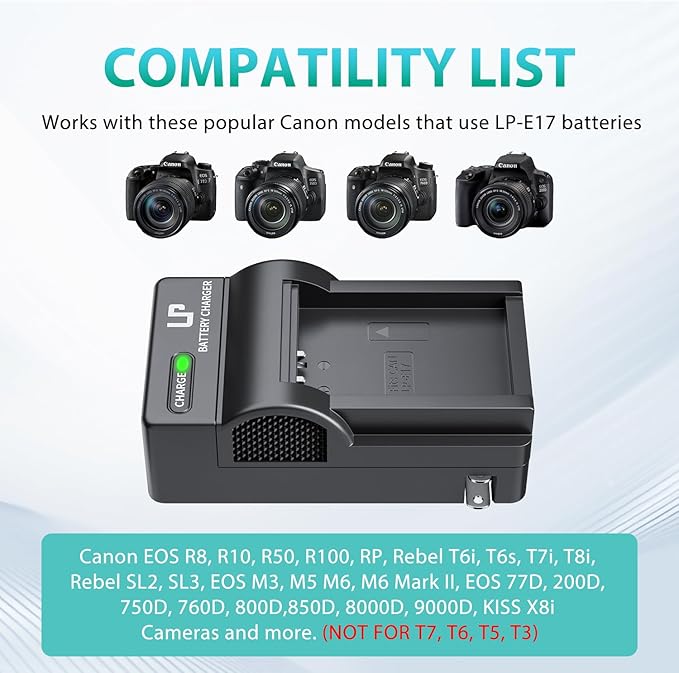 LP LP-E17 Battery Charger, Charger Compatible with Canon EOS Rebel T7i, T6i, T6s, SL3, SL2, 77D, 9000D, 8000D, 800D, 760D, 750D, 200D, M6, M5, M3, Kiss X8i DSLR Cameras & More(NOT for T7, T6, T5, T3)