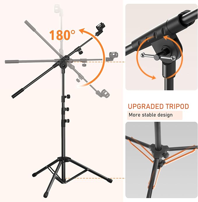 Microphone Stand, Floor Foldable Mic Stand with Phone Clip,Heavy Duty Tripod Boom Arm with 2 Mic Clips and Carrying Bag for Singing Karaoke Stage