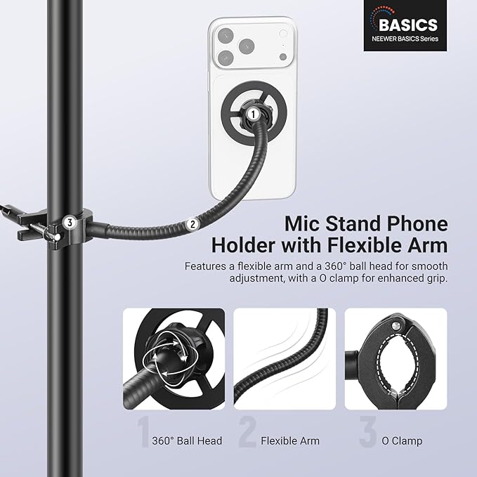 NEEWER BASICS Magnetic Phone Holder for Mic Stand with Flexible Tube, Magnet Adjustable Boom Pole Arm Mount Compatible with iPhone Android Samsung for Microphone Music Guitar Audio Recording, MS040