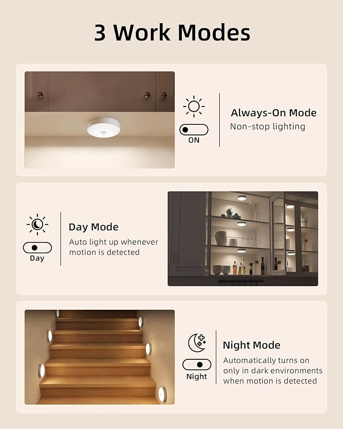 EZVALO Under Cabinet Lighting,1000mAh Rechargeable Puck Lights with Remote,3 Color Temps & 12 RGB Motion Sensor Closet Lights Indoor,Dimmable Under Cabinet Lights for Kitchen,Cabinets,Closet (3 Packs)