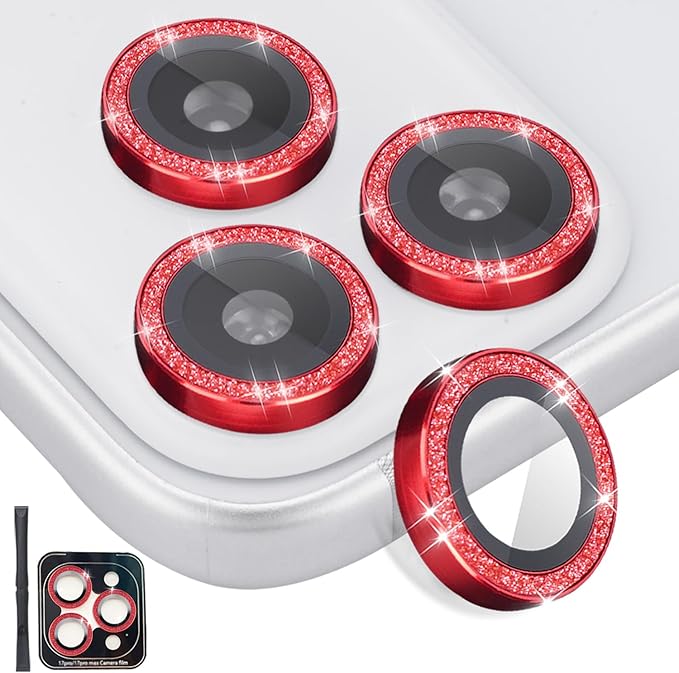 Camera Lens Protector for iPhone 17 Pro/17 Pro Max, Aluminum Alloy Tempered Glass Lens Protector with Installation Frame Fits for iPhone 17 Pro/17 Pro Max (Glitter Red)
